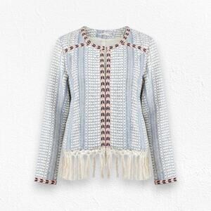 Tularosa Blue White Woven Embroidered Boho Fringe Jacket Open Blazer Size Medium